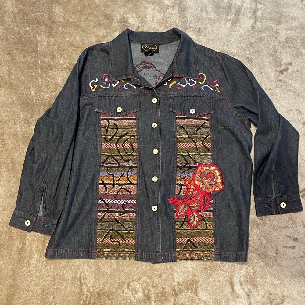Alex Kim Vintage 90s Y2K  Denim Floral Embroidered Jacket Shirt Top Women's 1X